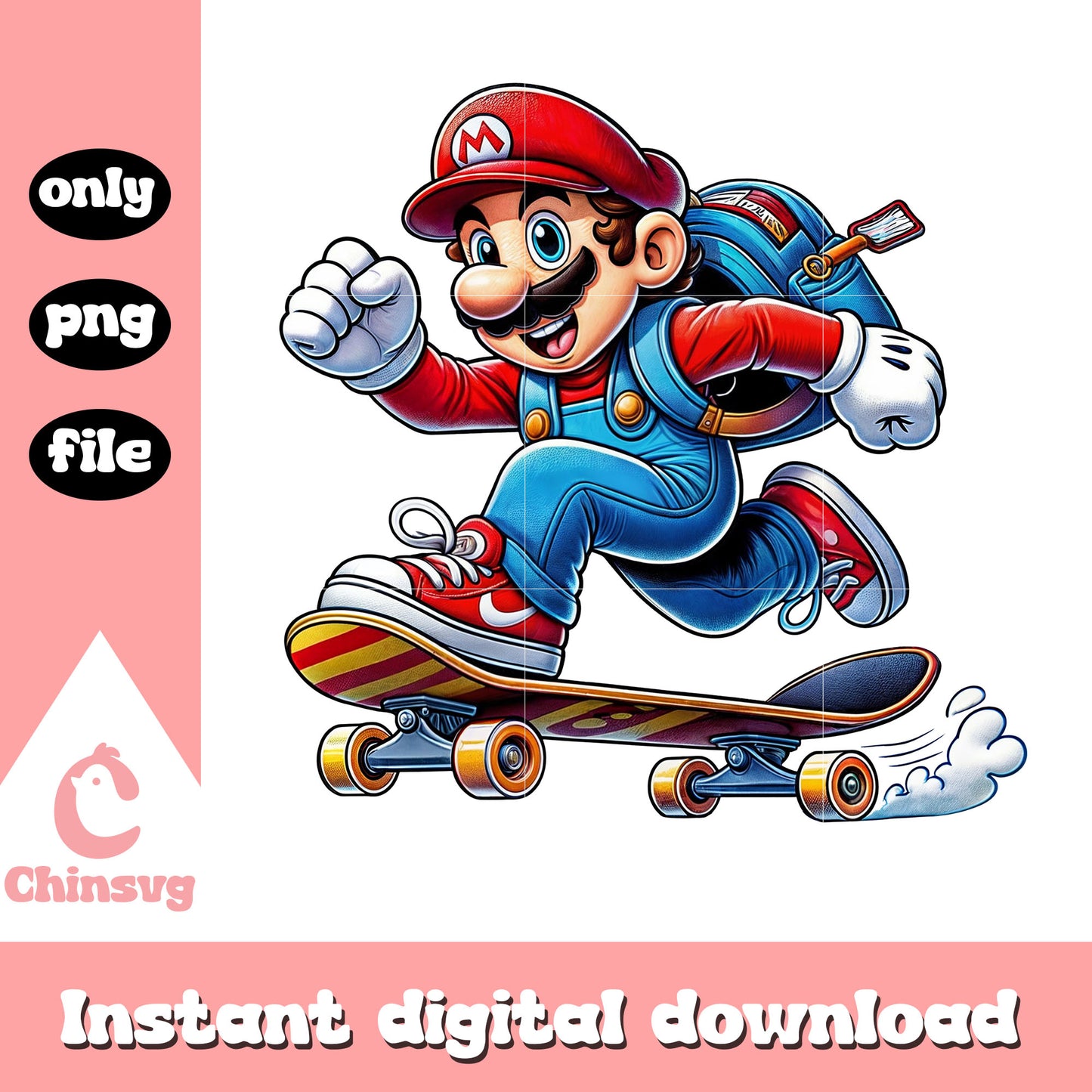 Mario skateboarding to school design png, mario character png