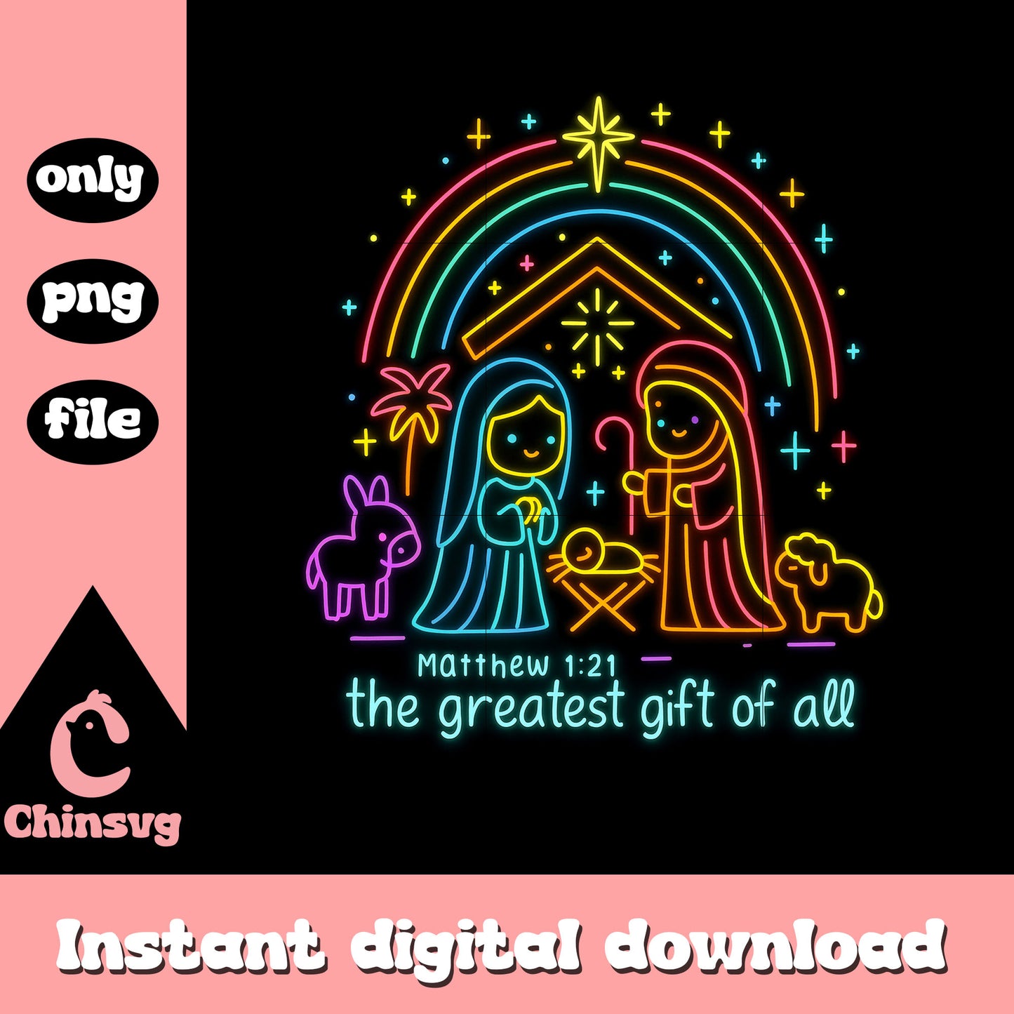 Matthew 121 the greatest gift neon png, christmas jesus png