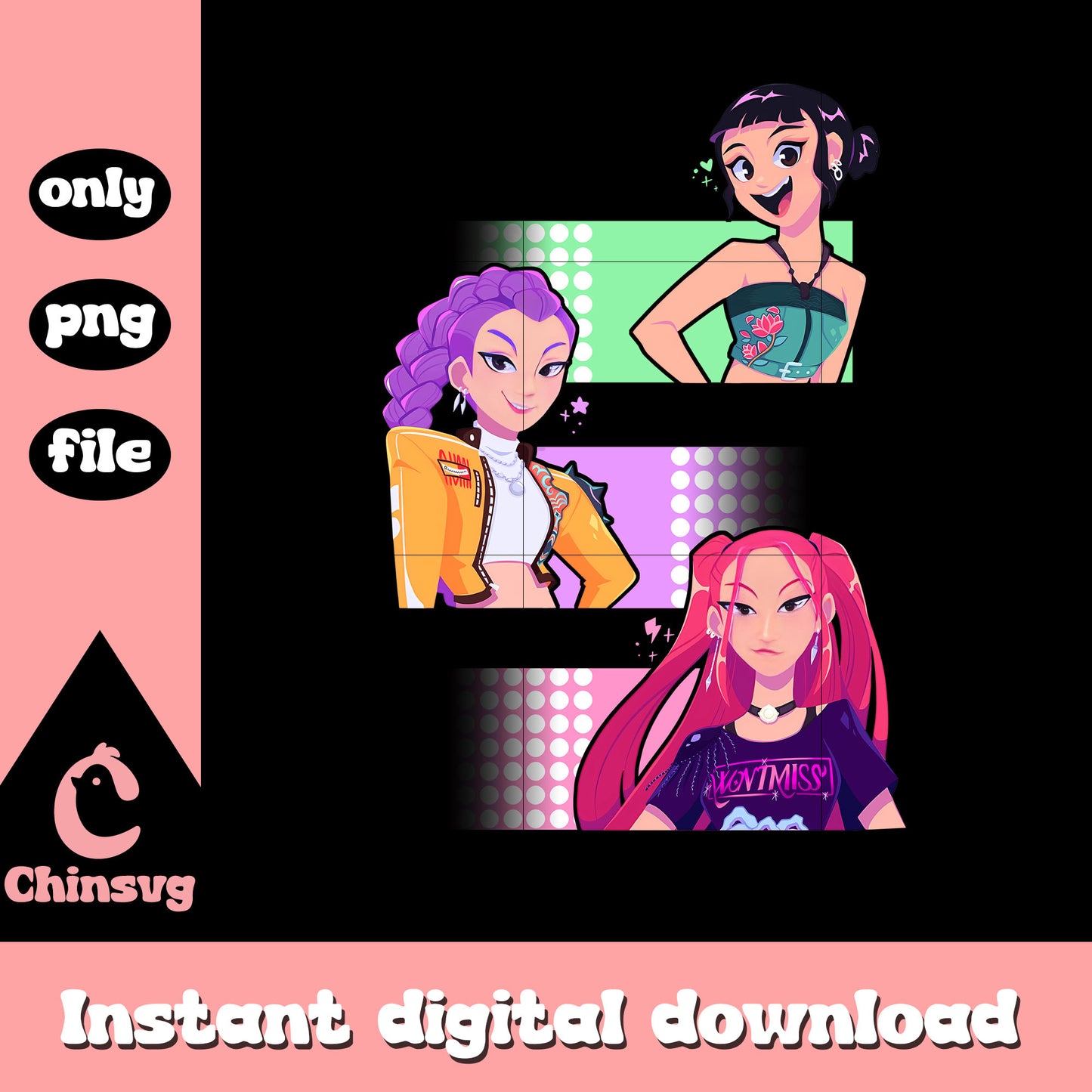 Members of huntrix kpop band design png, kpop girl band png