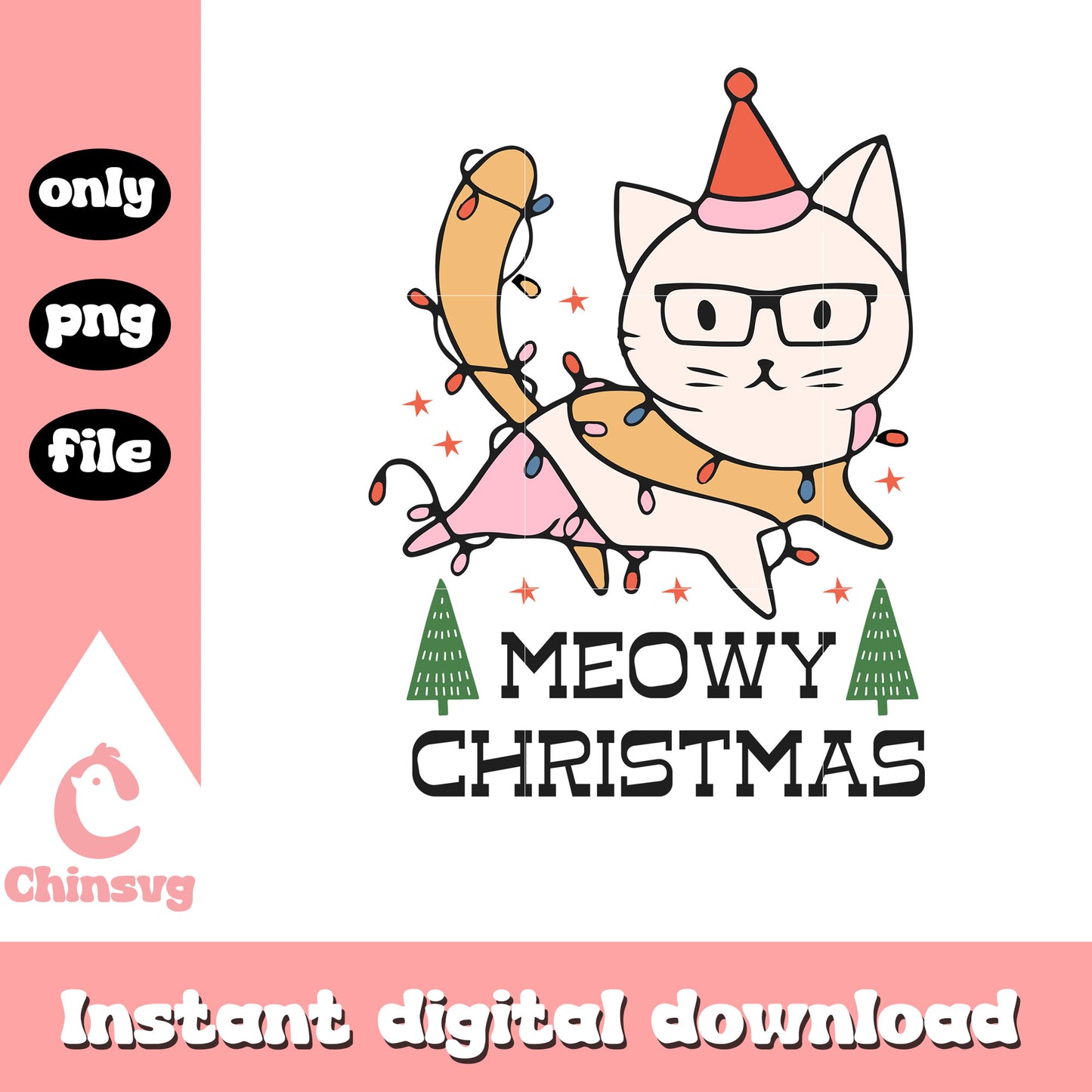 Meowy christmas lights design png, meowy christmas png