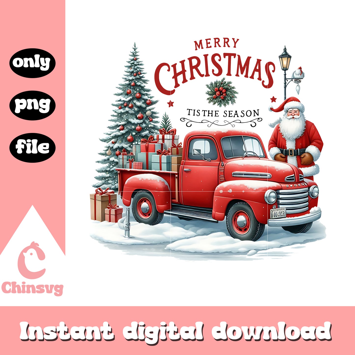 Merry christmas tis the season png, red truck christmas tree png