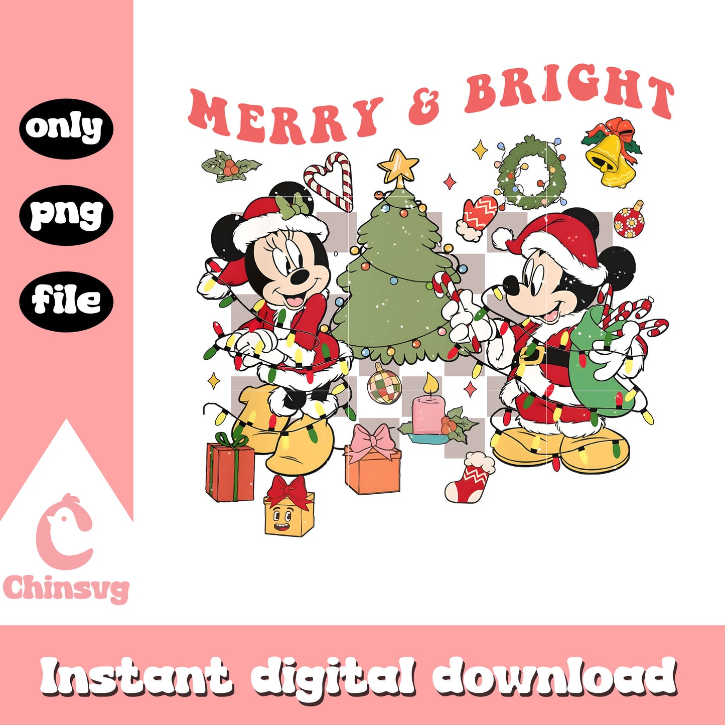 Merry anad bright minnie mickey design png, mickey and minnie png