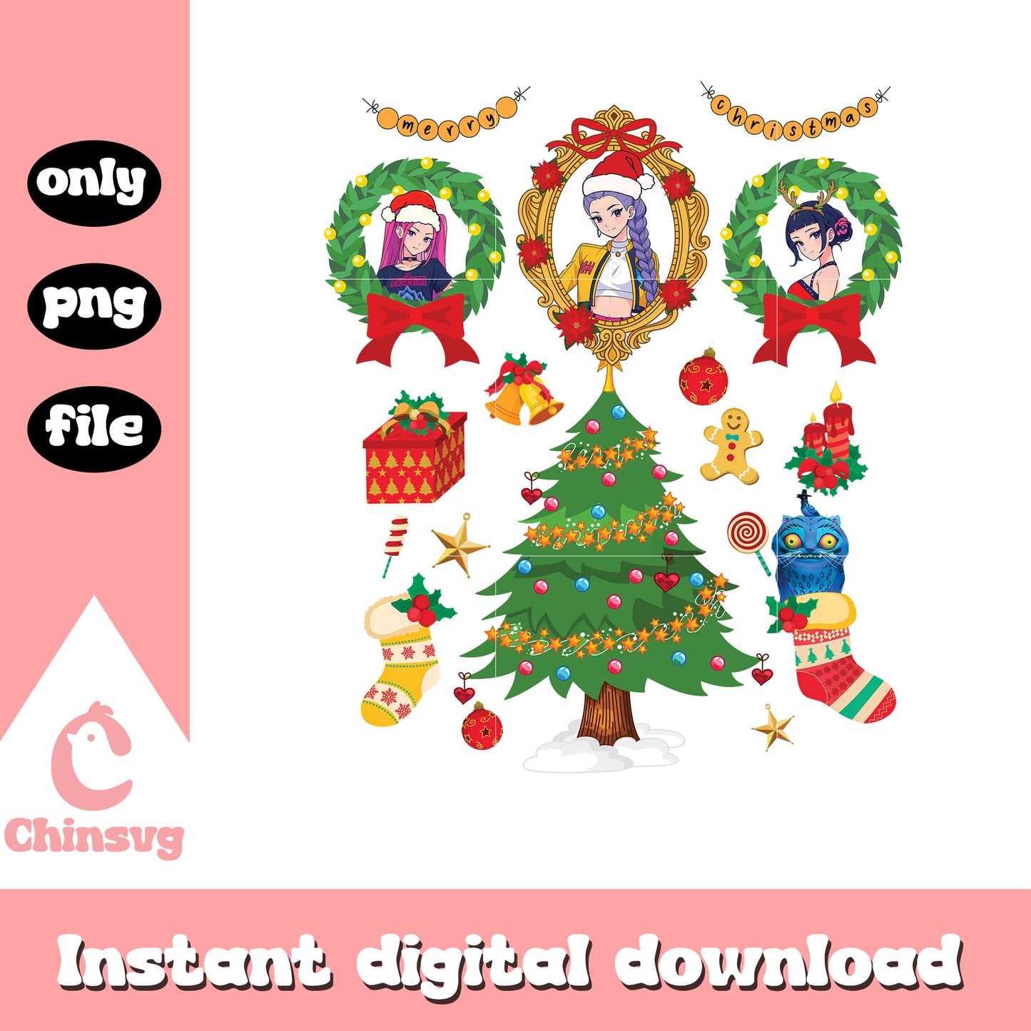 Merry christmas huntrix band png, huntrix kpop demon hunters png