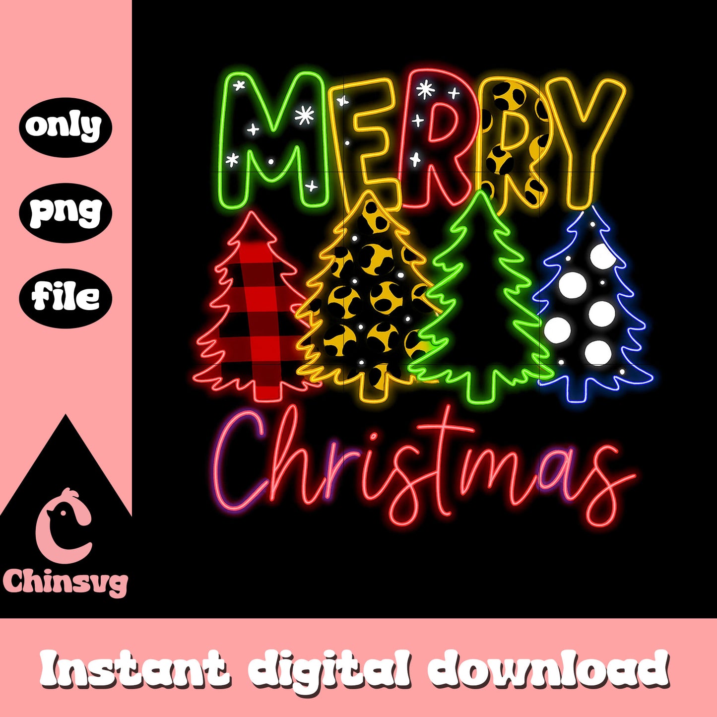 Merry christmas trees neon font design png, merry x'mas png