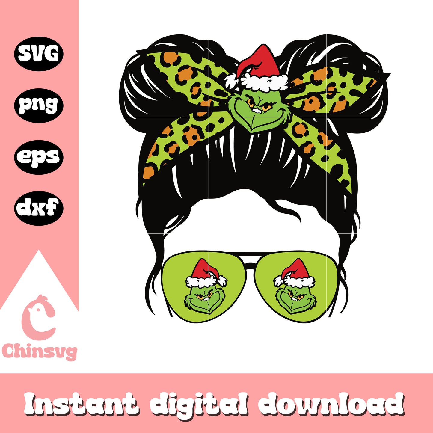 Messy bun grinch christmas leopard svg, grinch glasses svg