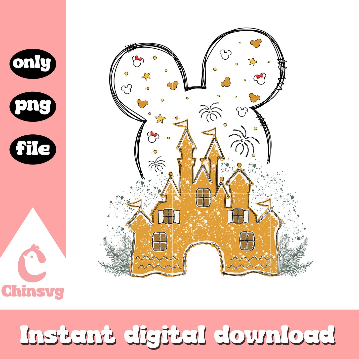 Mickey ears castle gingerbread christmas png, gingerbread castle png