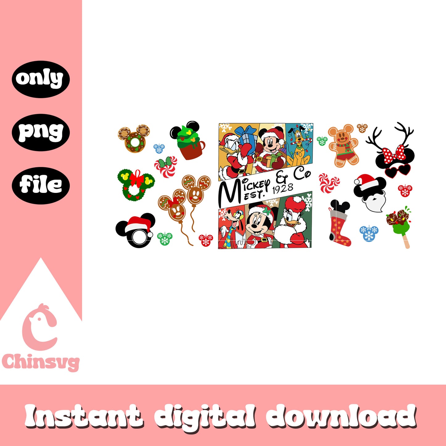 Mickey and co est 1928 ornaments png, mickey mouse design png