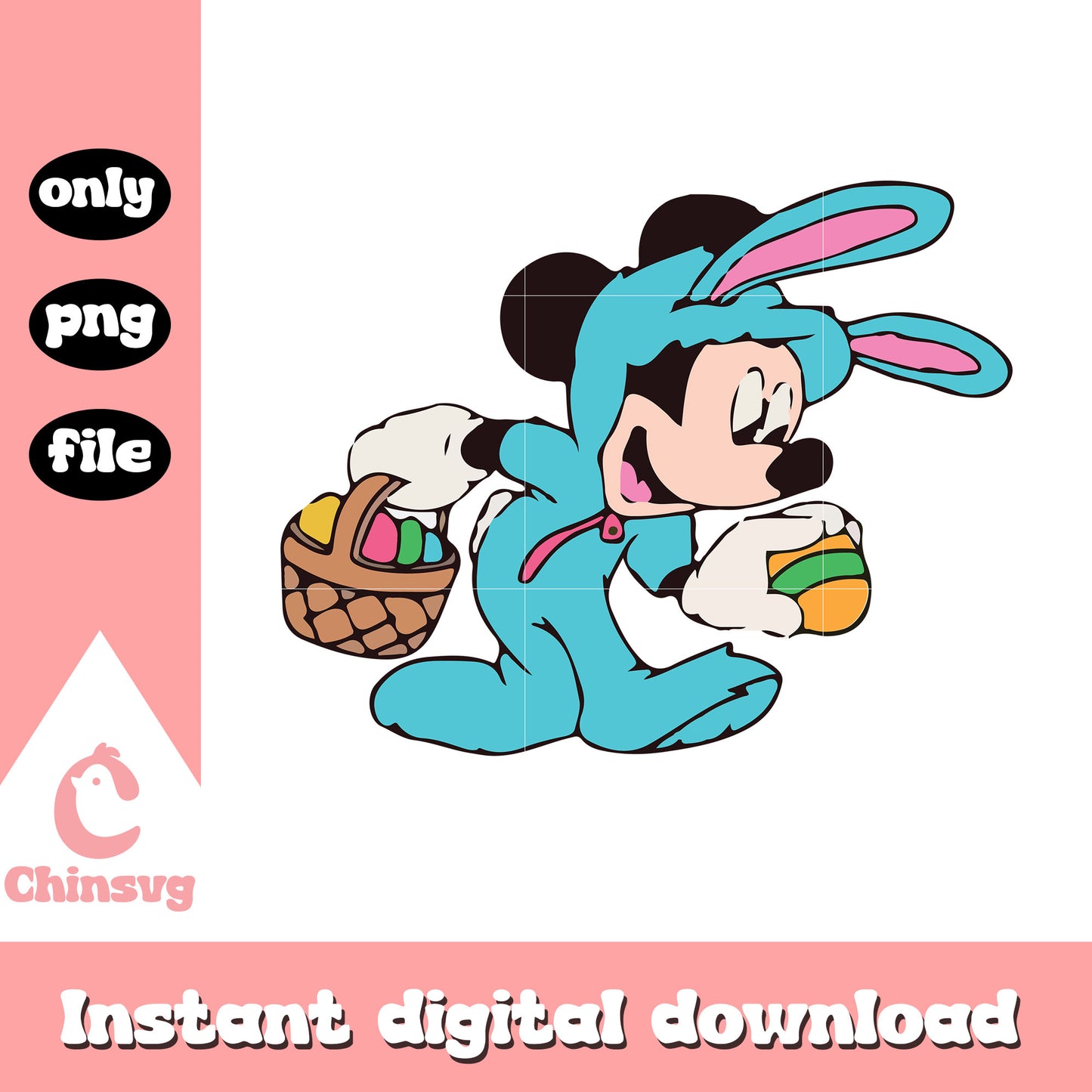 Mickey bunny blue and egg basket png, mickey easter png