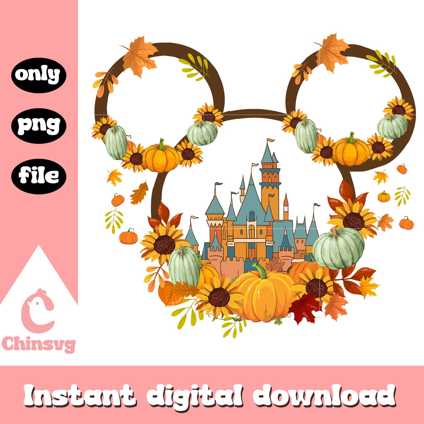 Mickey ear castle pumpkin sunflower design png, autumn png
