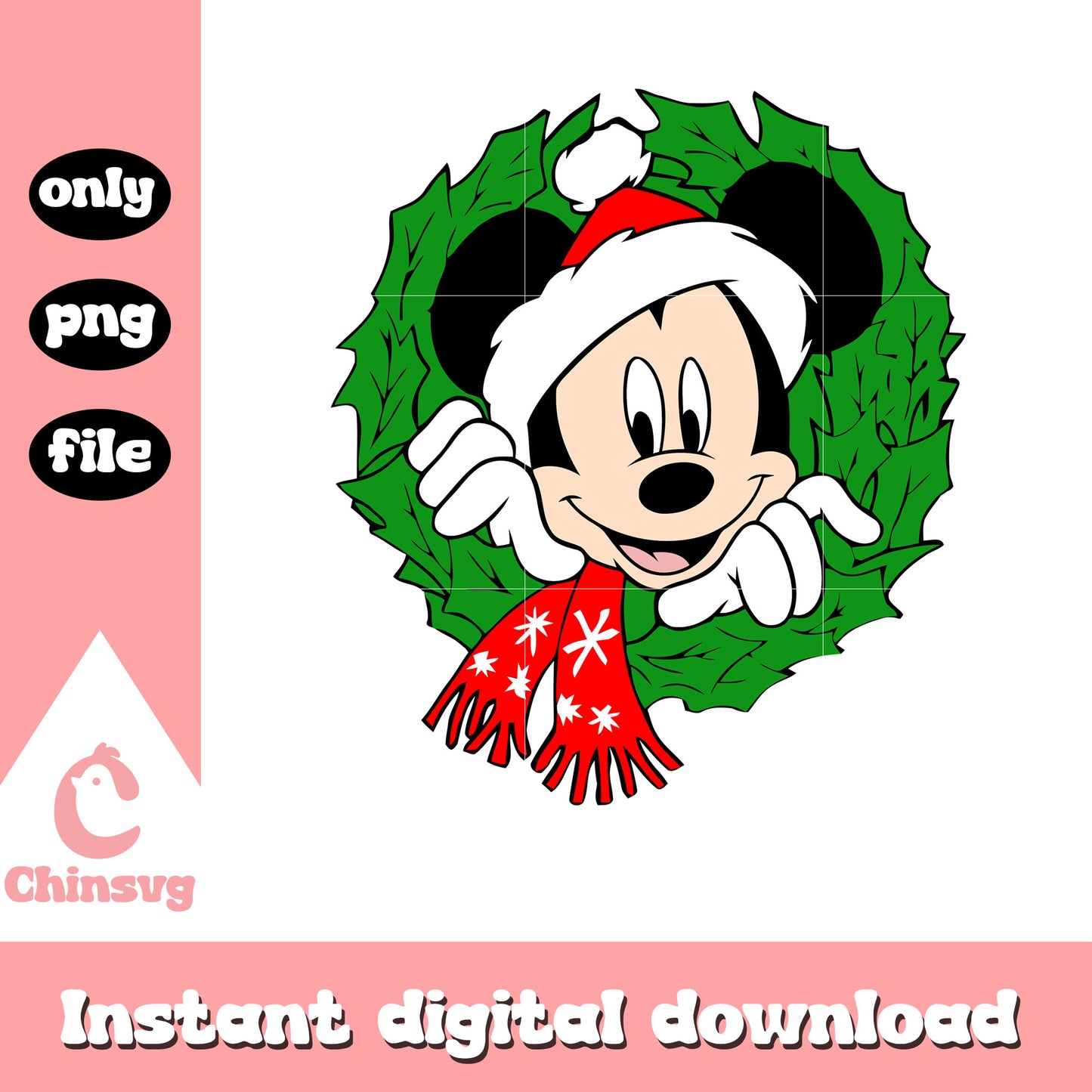 Mickey face and wreath christmas png, mickey santa hat png