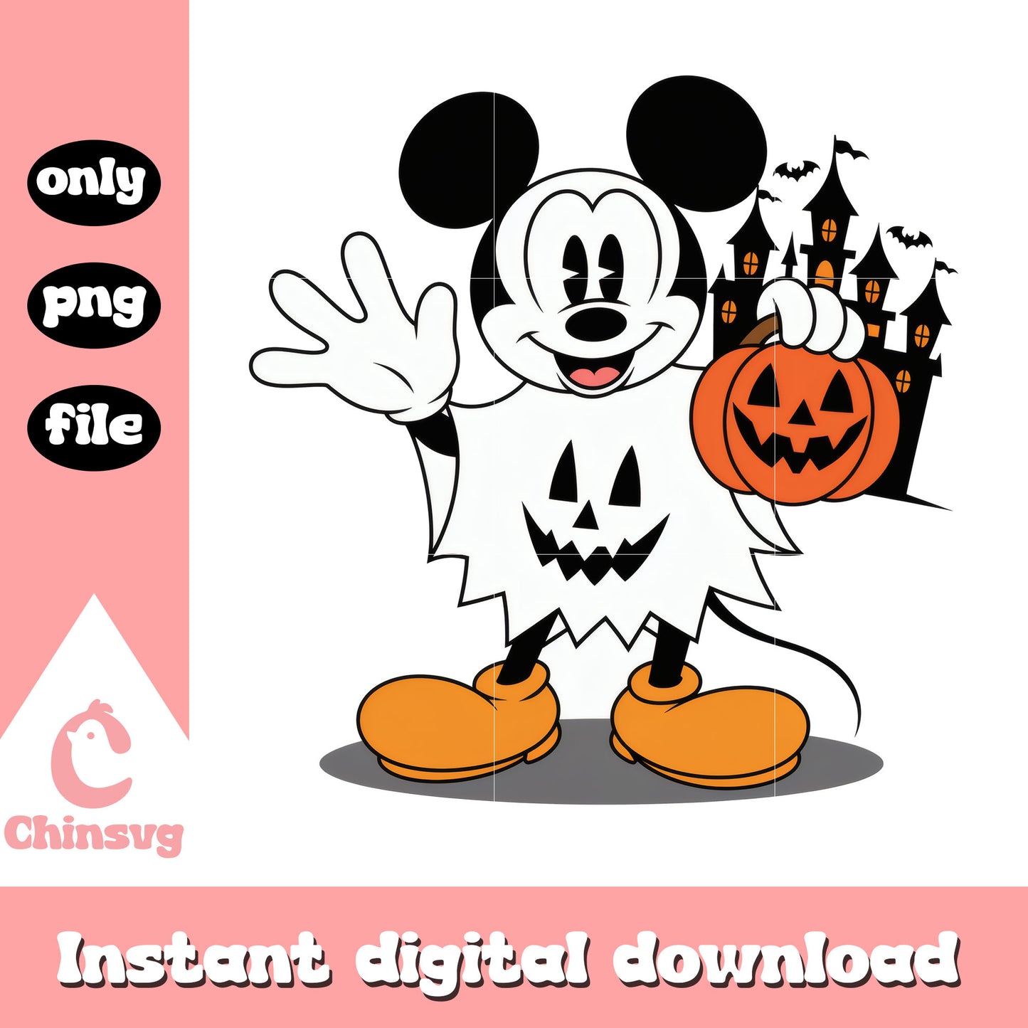 Mickey ghost carry pumpkin candy bag art png, mickey mouse disney png