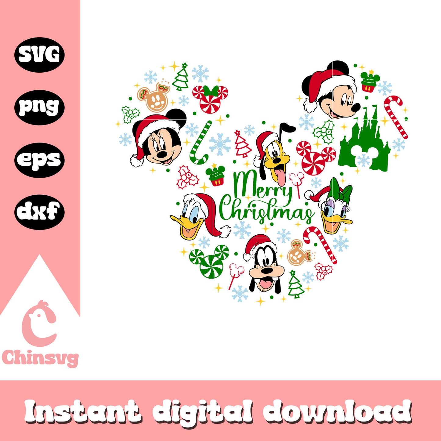 Mickey head doodle merry christmas svg, chritsmas decorations svg