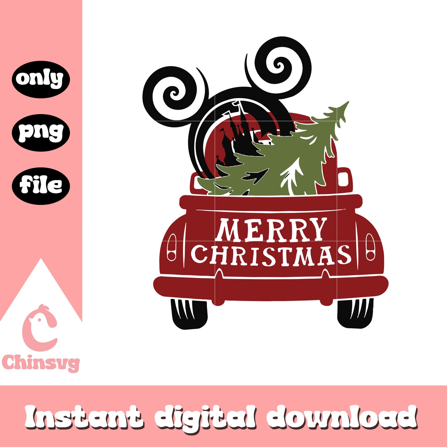 Mickey head merry christmas red truck png, christmas tree png