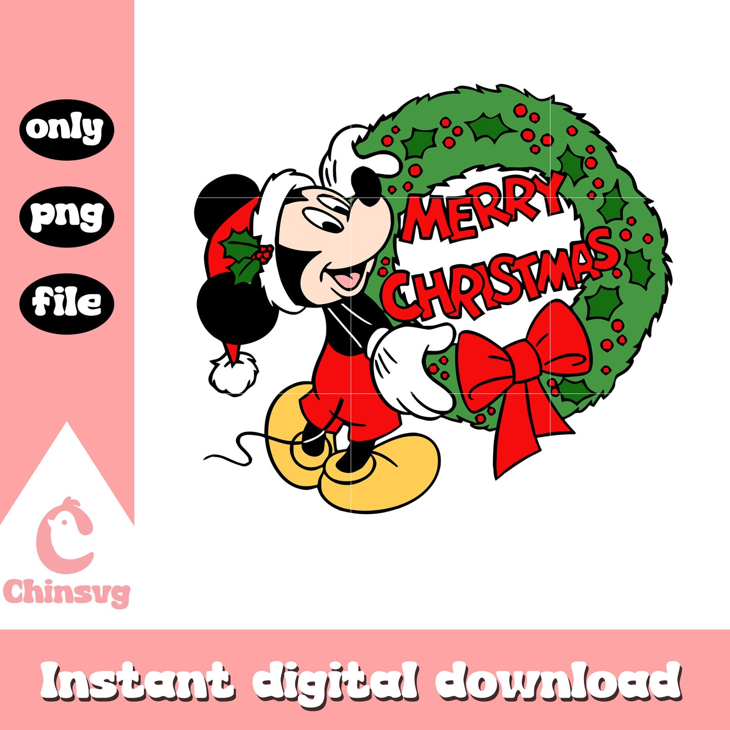 Mickey holding wreath merry christmas png, mickey christmas png