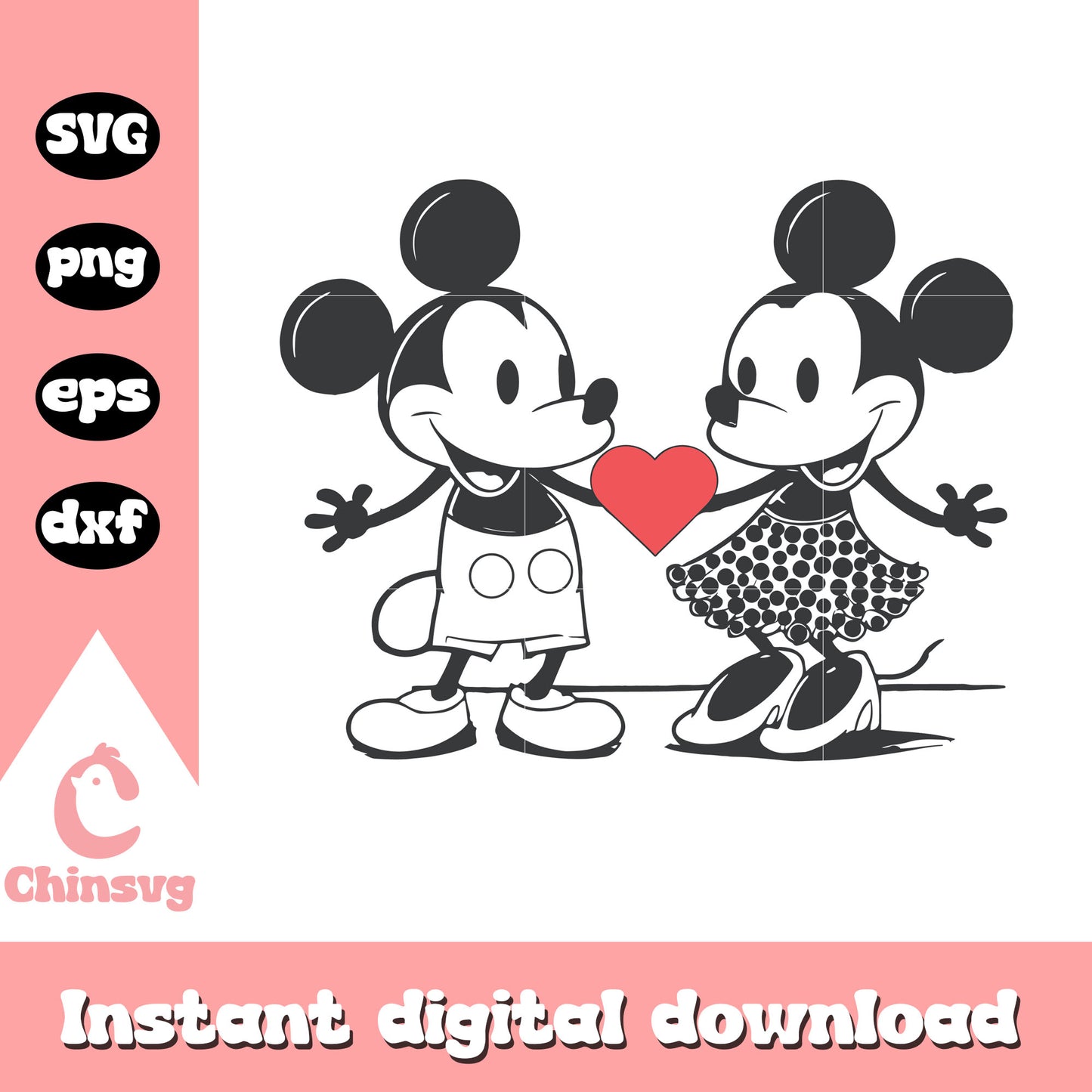 Mickey minnie heart black white svg, minnie and mickey svg
