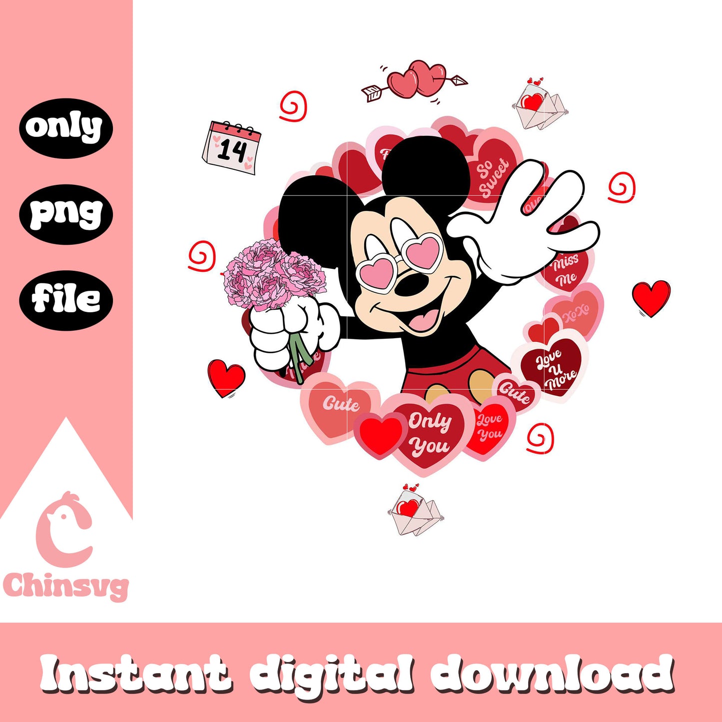 Mickey mouse heart glasses flower png, disney valentine png
