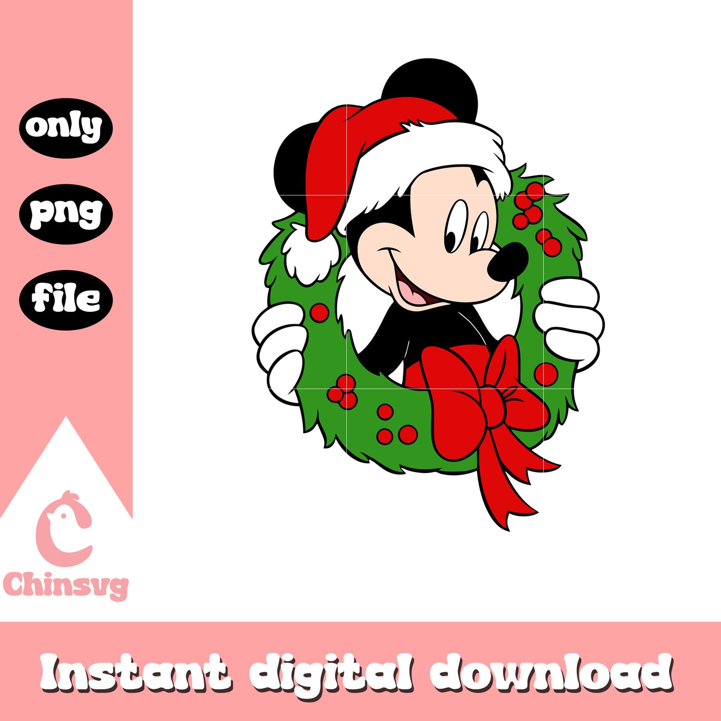 Mickey mouse in wreath christmas png, mickey santa hat png