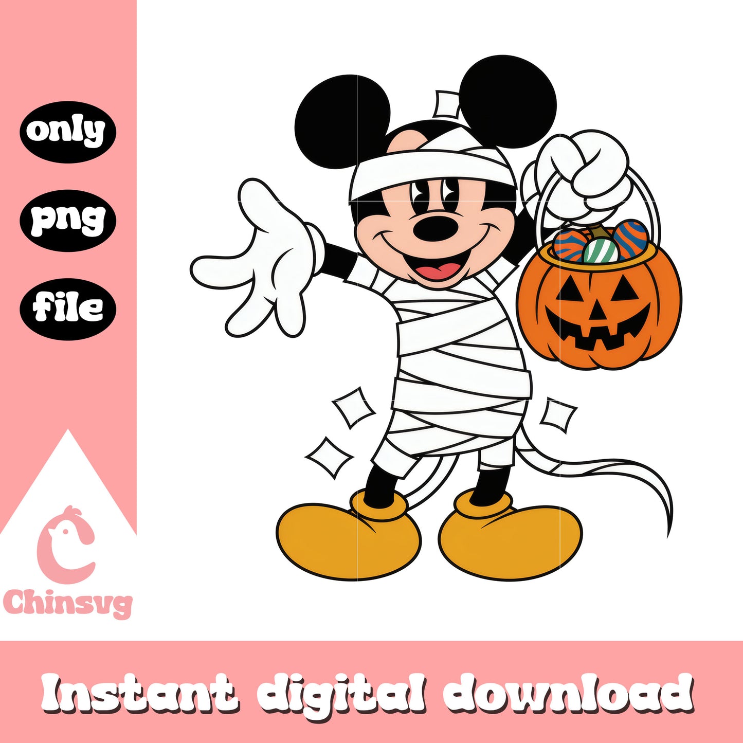 Mickey mummy carry pumpkin candy bag art png, mickey character png