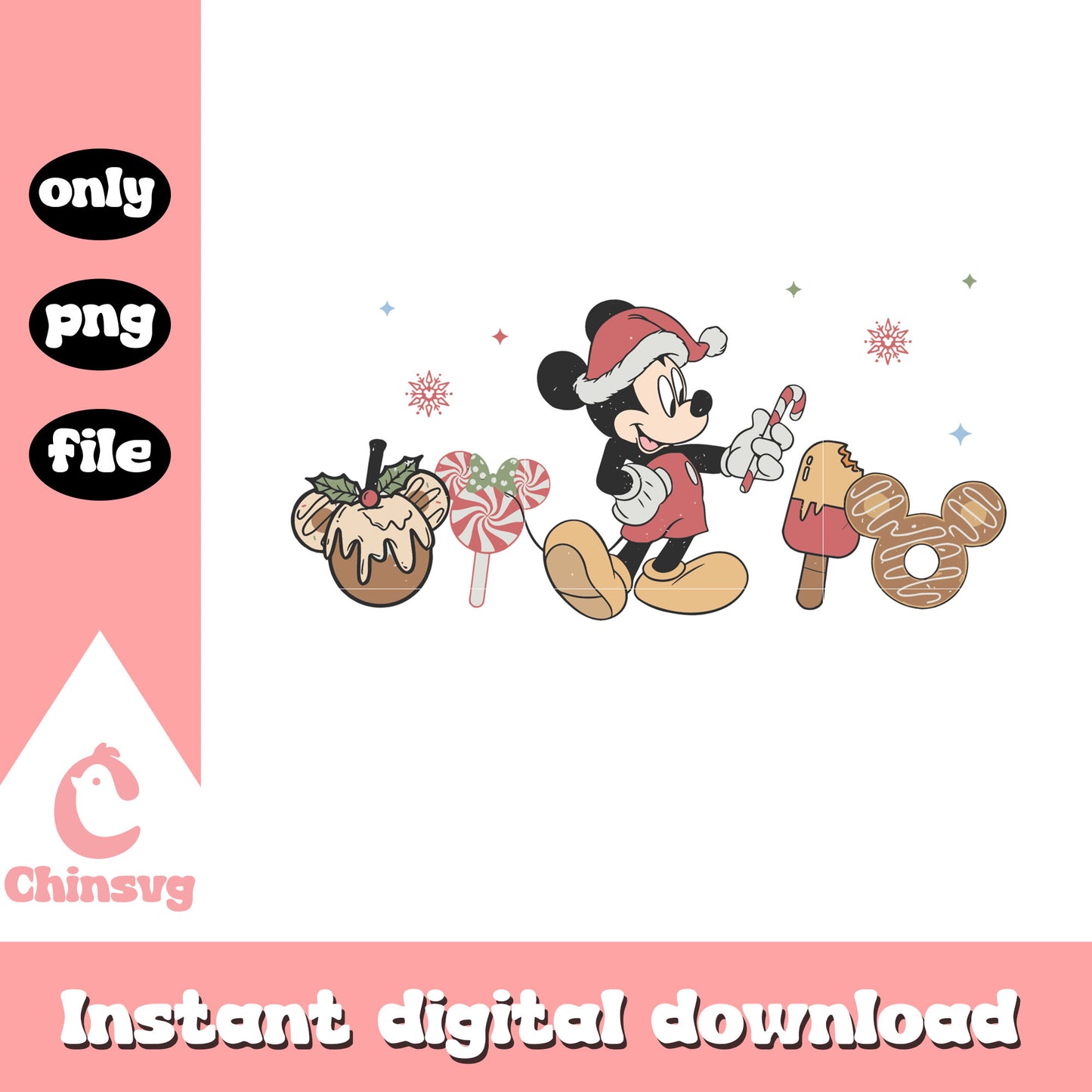 Mickey snacks christmas design png, mickey mouse santa png