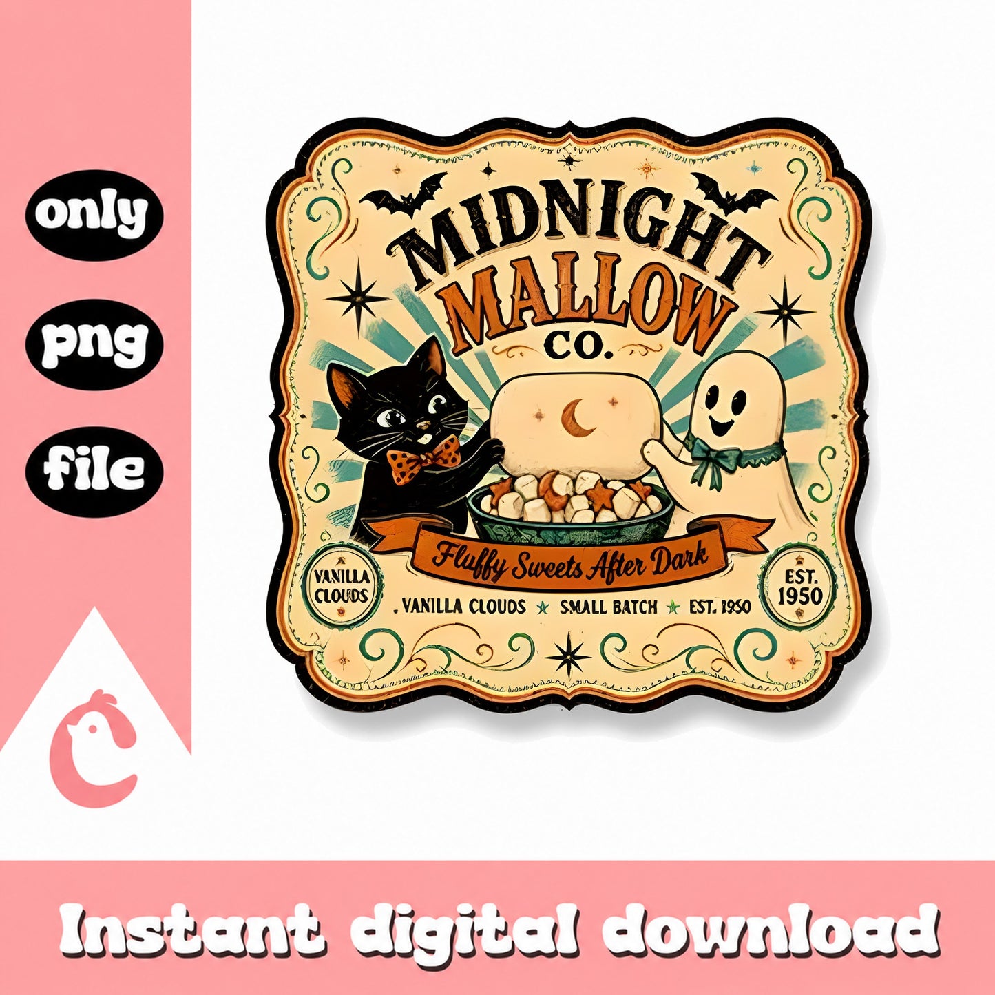 Midnight Mallow Co Vintage Label, Halloween PNG, Retro PNG
