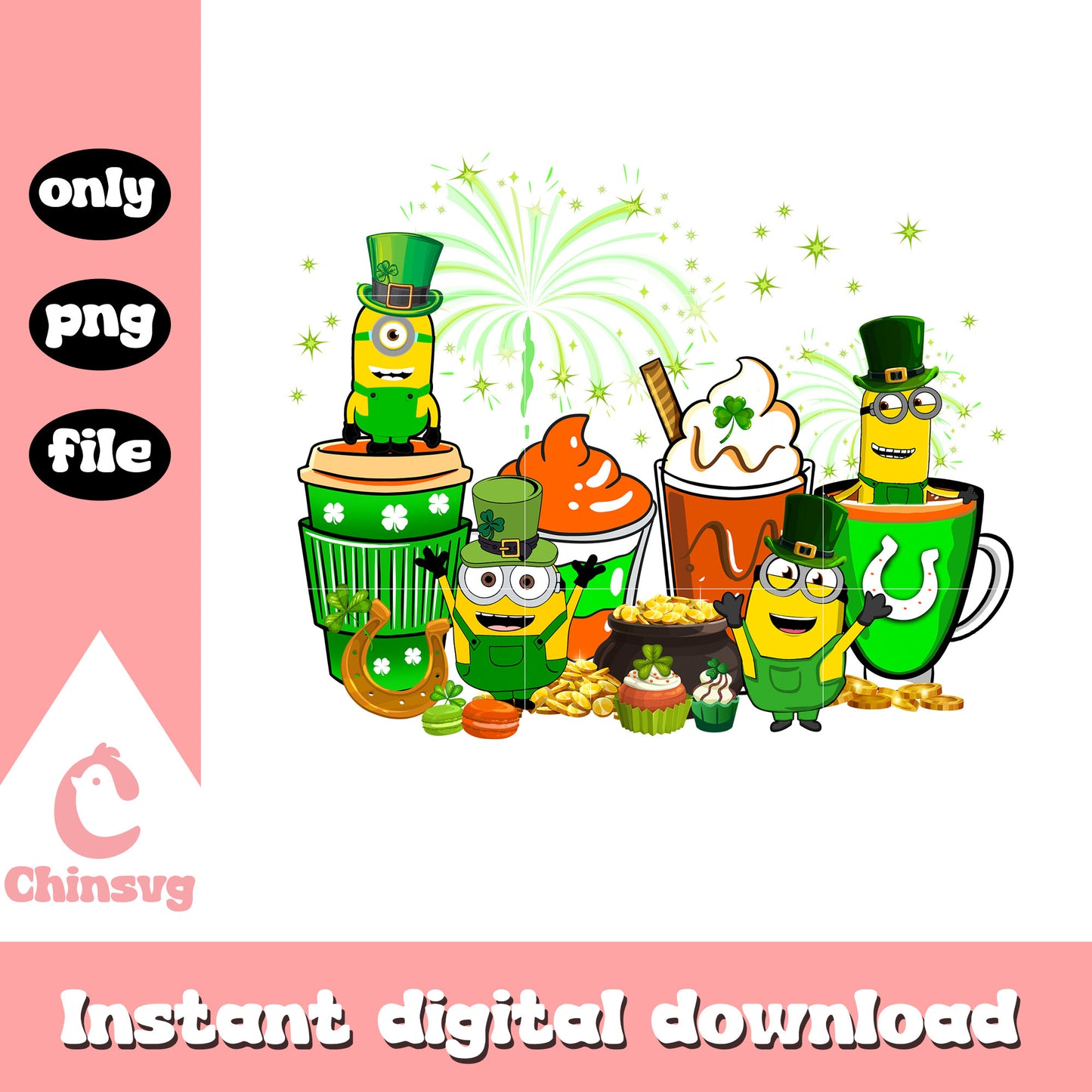 Minions patrick coffee cup design png, st. patrick's day png