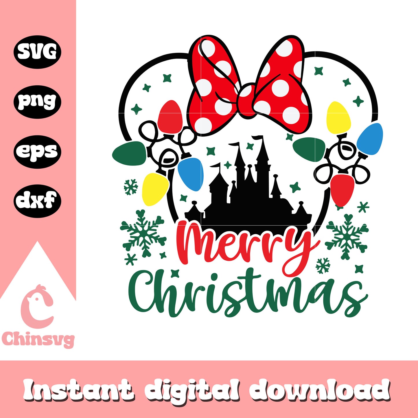 Minnie head merry christmas light svg, disney christmas svg, disney castle svg