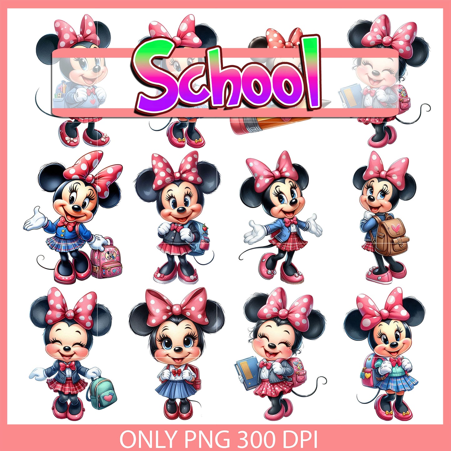 Minnie character back to school design bundle png, disney minnie png
