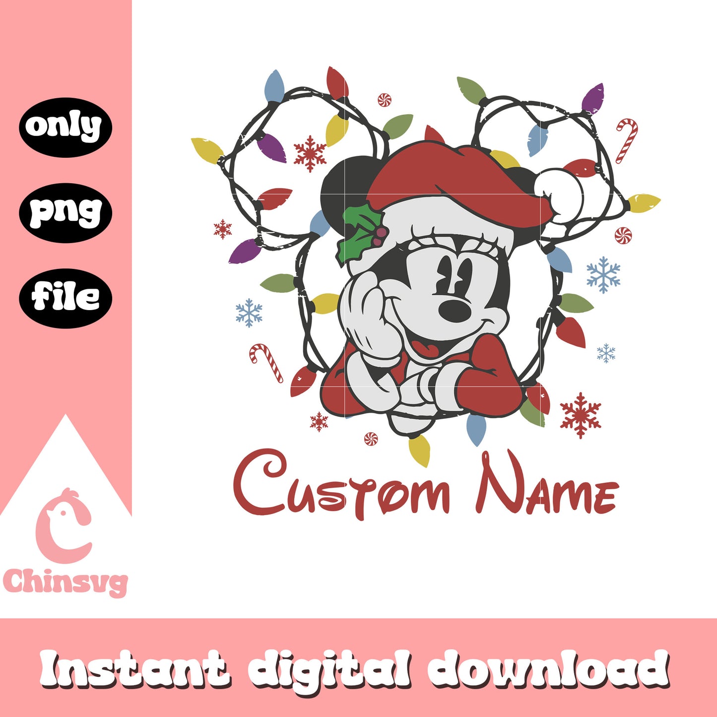Minnie custom name christmas lights png, minnie christmas ears png