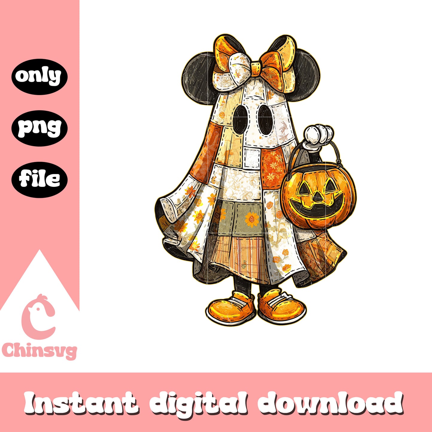 Minnie halloween ghost patchwork design png, minnie mouse png