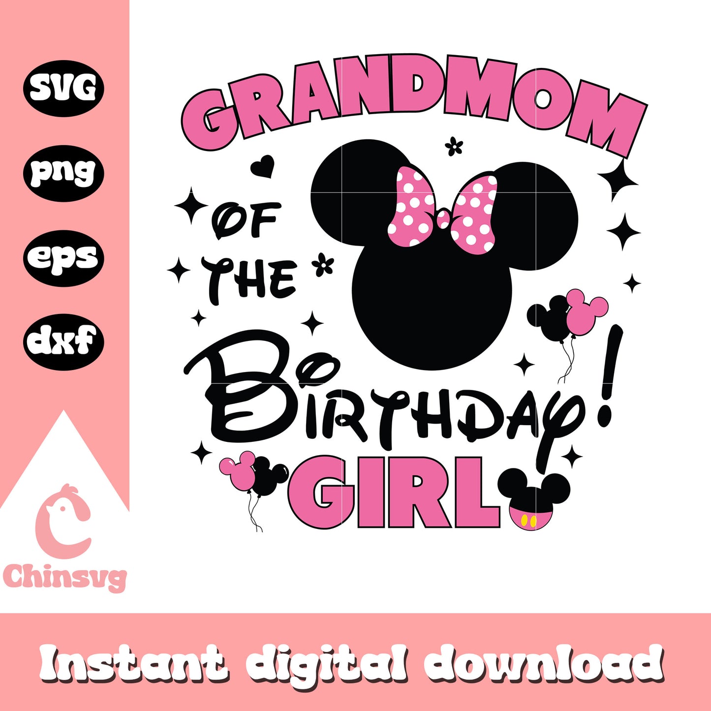 Minnie head pink grandmom of the birthday girl svg, disney svg