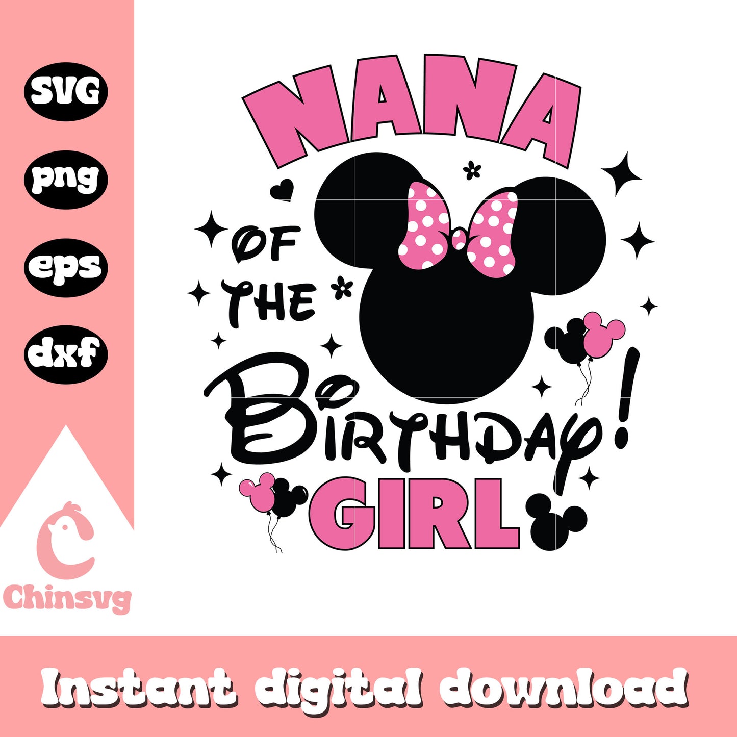 Minnie head pink nana of the birthday girl svg, minnie mouse svg