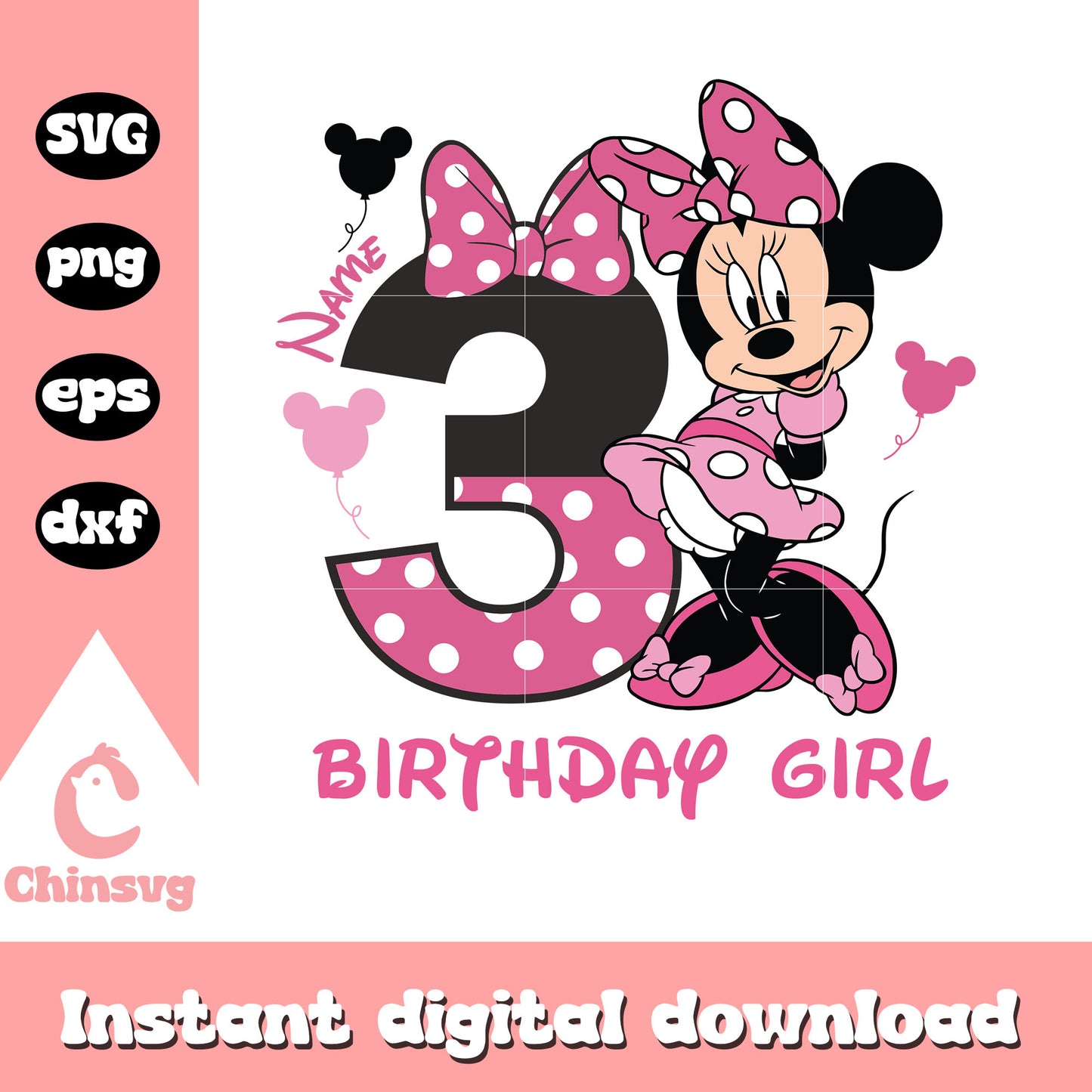 Minnie pink 3rd birthday girl svg, minnie mouse birthday svg