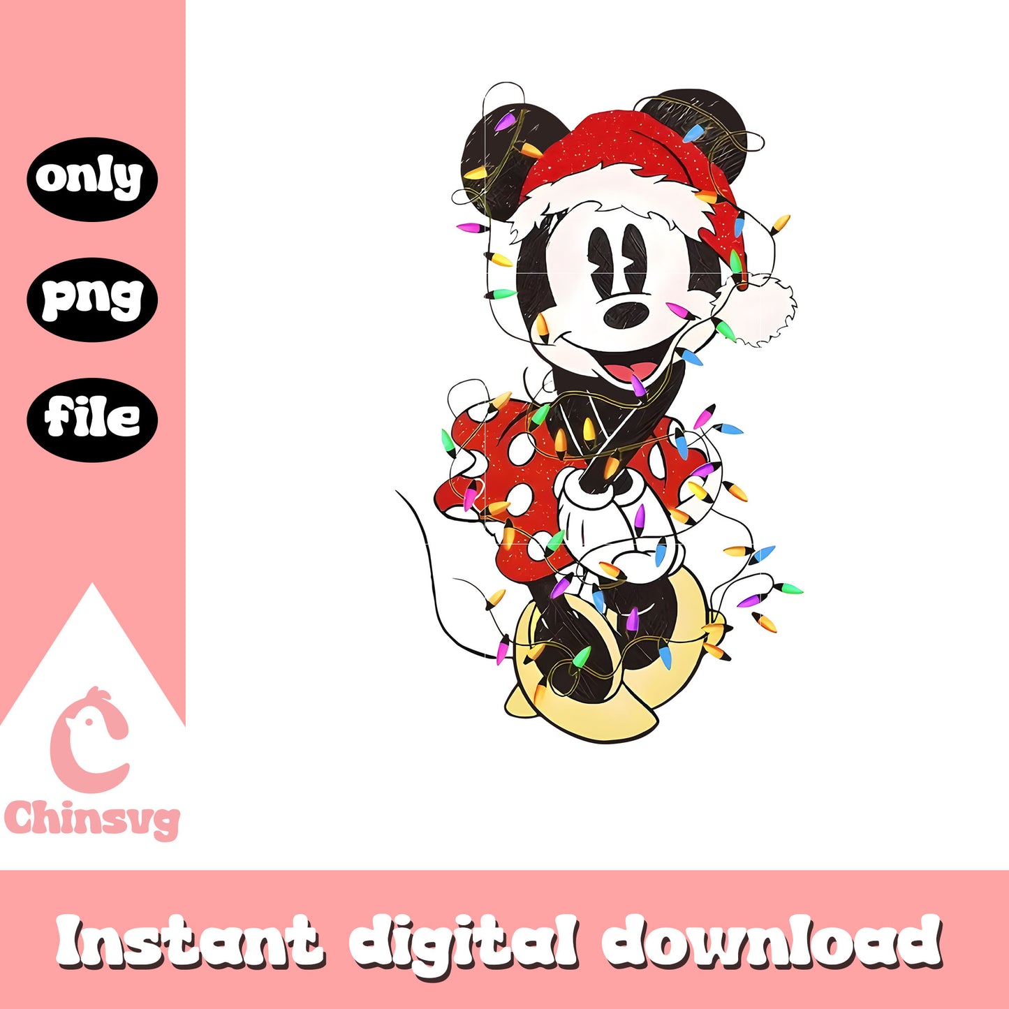Minnie santa hat christmas lights png, minnie mouse christmas png