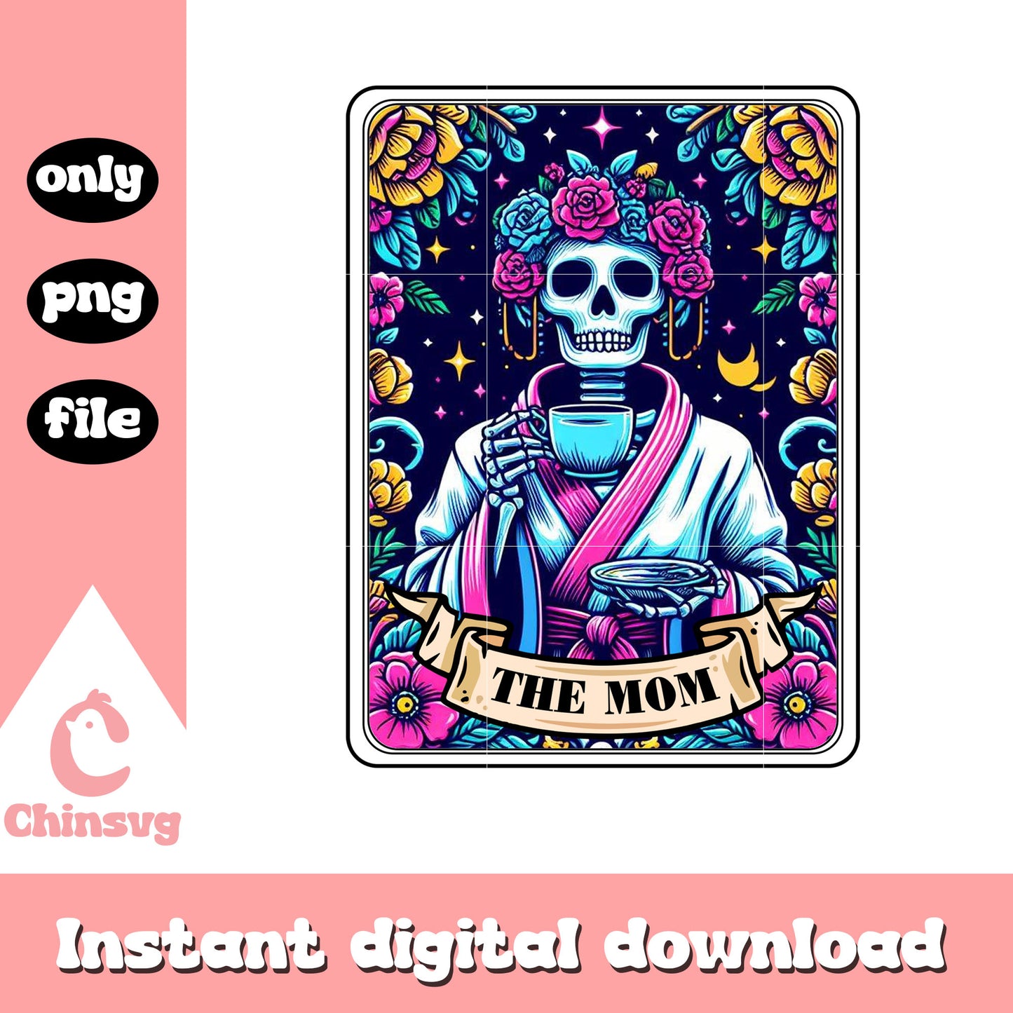 Mom flower tarot card png, skeleton png, tarot reading png