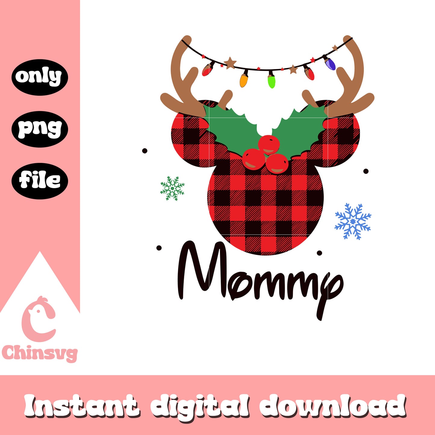 Mommy minnie ears reindeer plaid png, minnie mouse christmas png