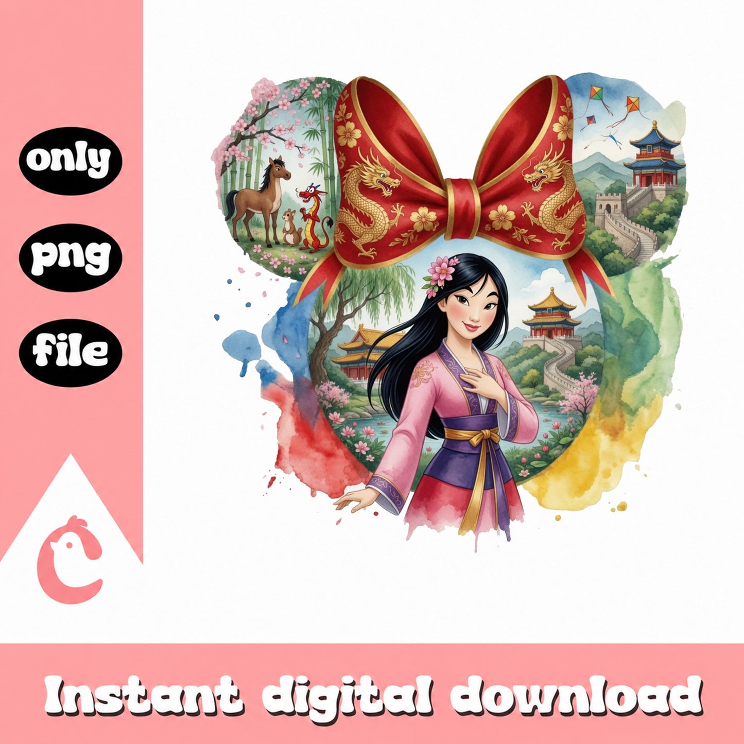 Mulan Disney Princess Watercolor PNG, Disney Coquette Bow PNG, Sublimation PNG