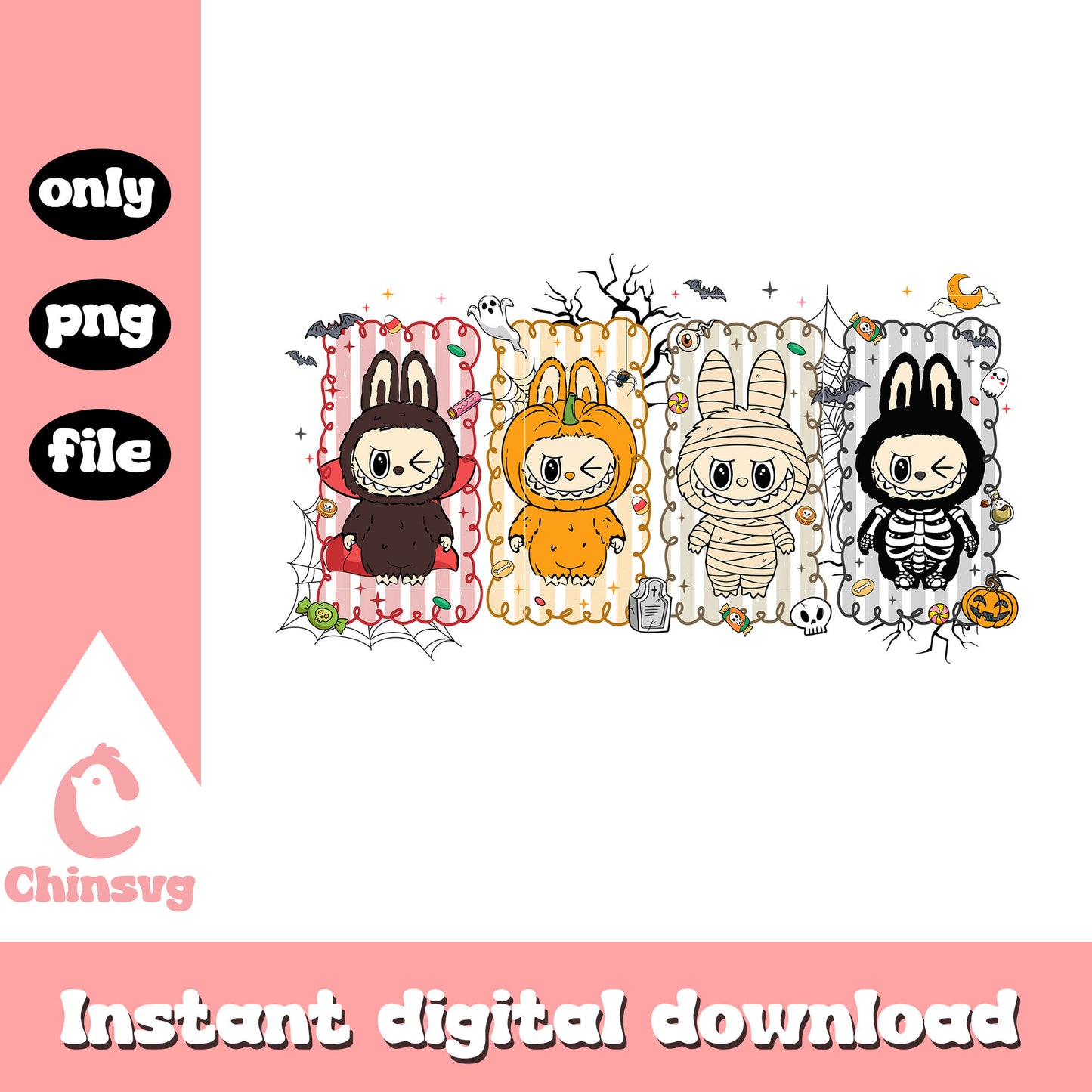 Mummy skeleton vampire labubu halloween png, labubu clothes png