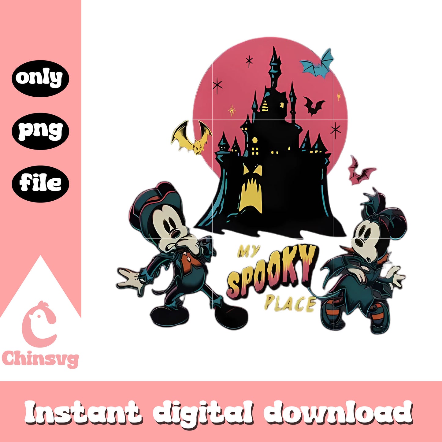 My spooky place halloween castle png, mickey and minnie png