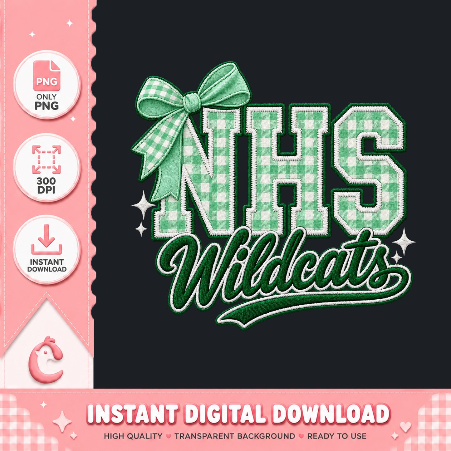 NHS Wildcats PNG, Green Gingham Bow Design, School Spirit PNG