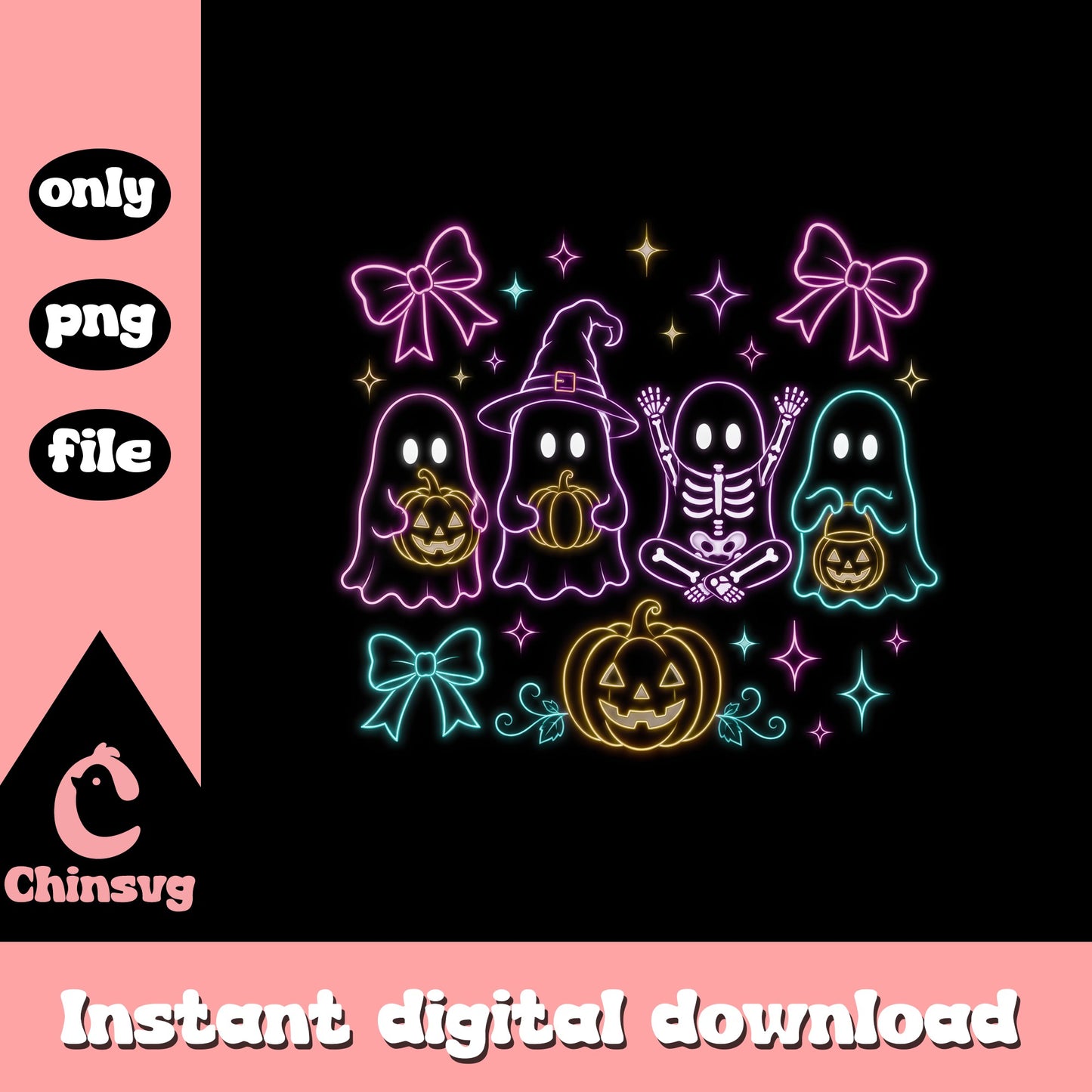 Neon Ghost Halloween PNG, Cute Skeleton Pumpkin, Halloween PNG