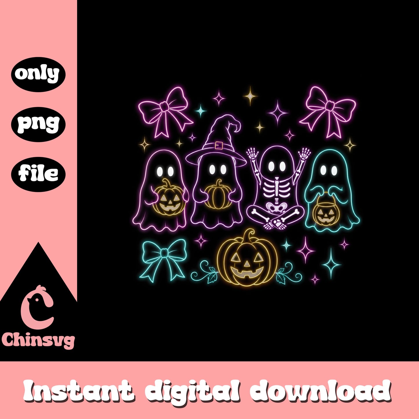 Neon Halloween Ghost Skeleton PNG, Cute Coquette Bow PNG, Halloween PNG
