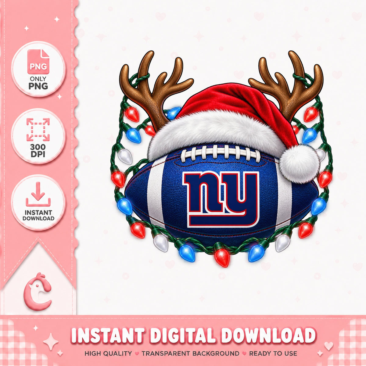 New York Giants Christmas Football PNG, Santa Hat Reindeer, NFL PNG
