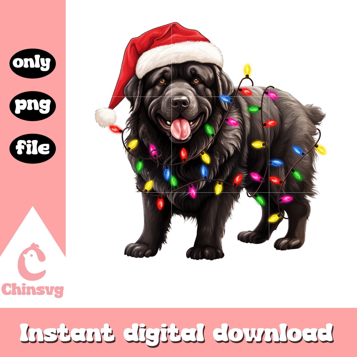 Newfoundland dog santa hat christmas lights png, newfoundland dog png