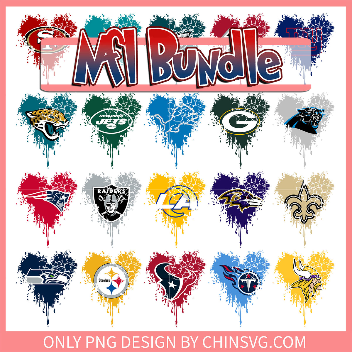Nfl heart water dropping bundle png, all 32 nfl team logos png