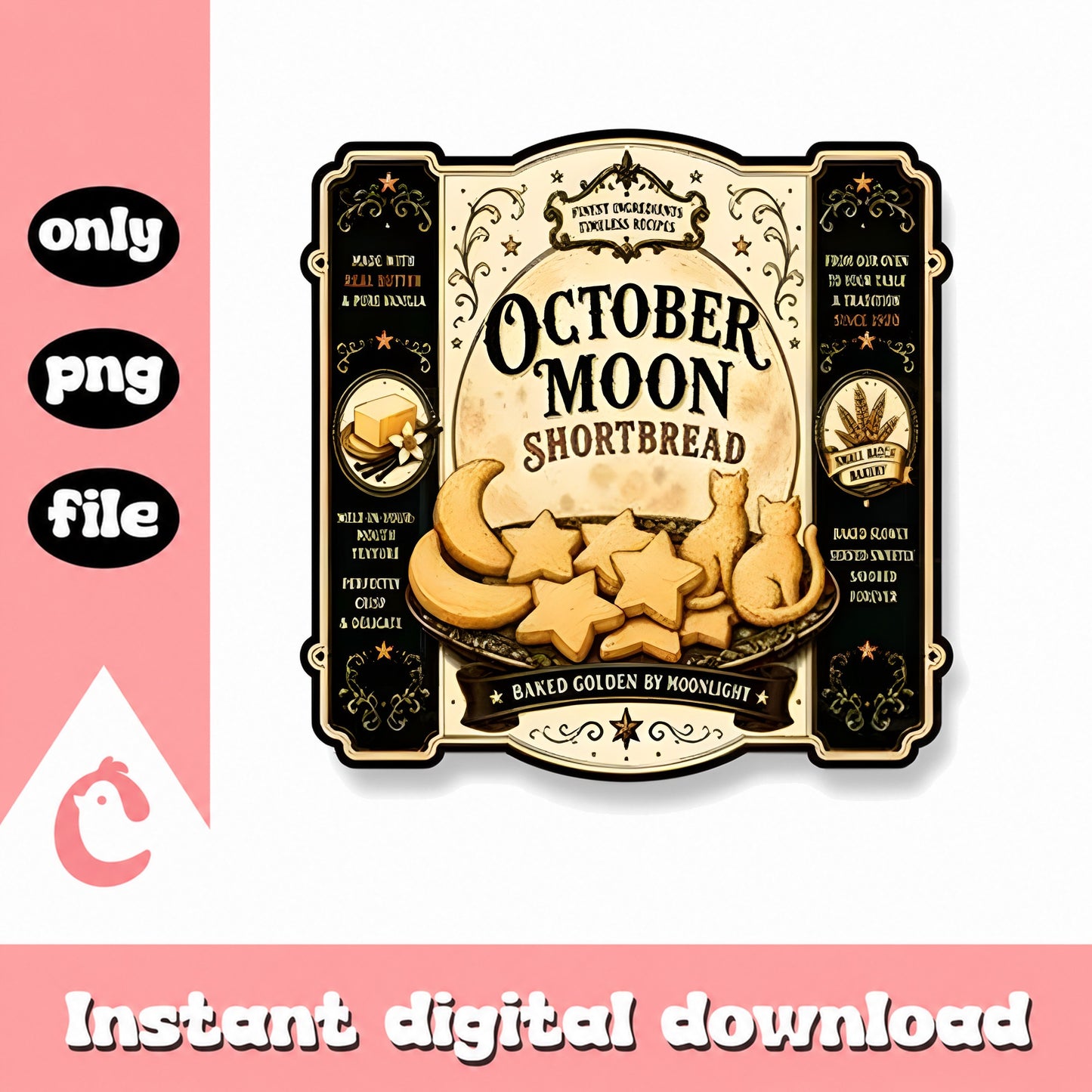 October Moon Shortbread Label PNG, Halloween Cat Cookies, PNG File