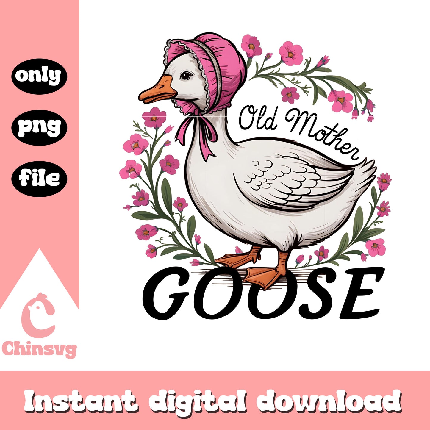Old mother goose baby duck design png, vintage floral png, duck png