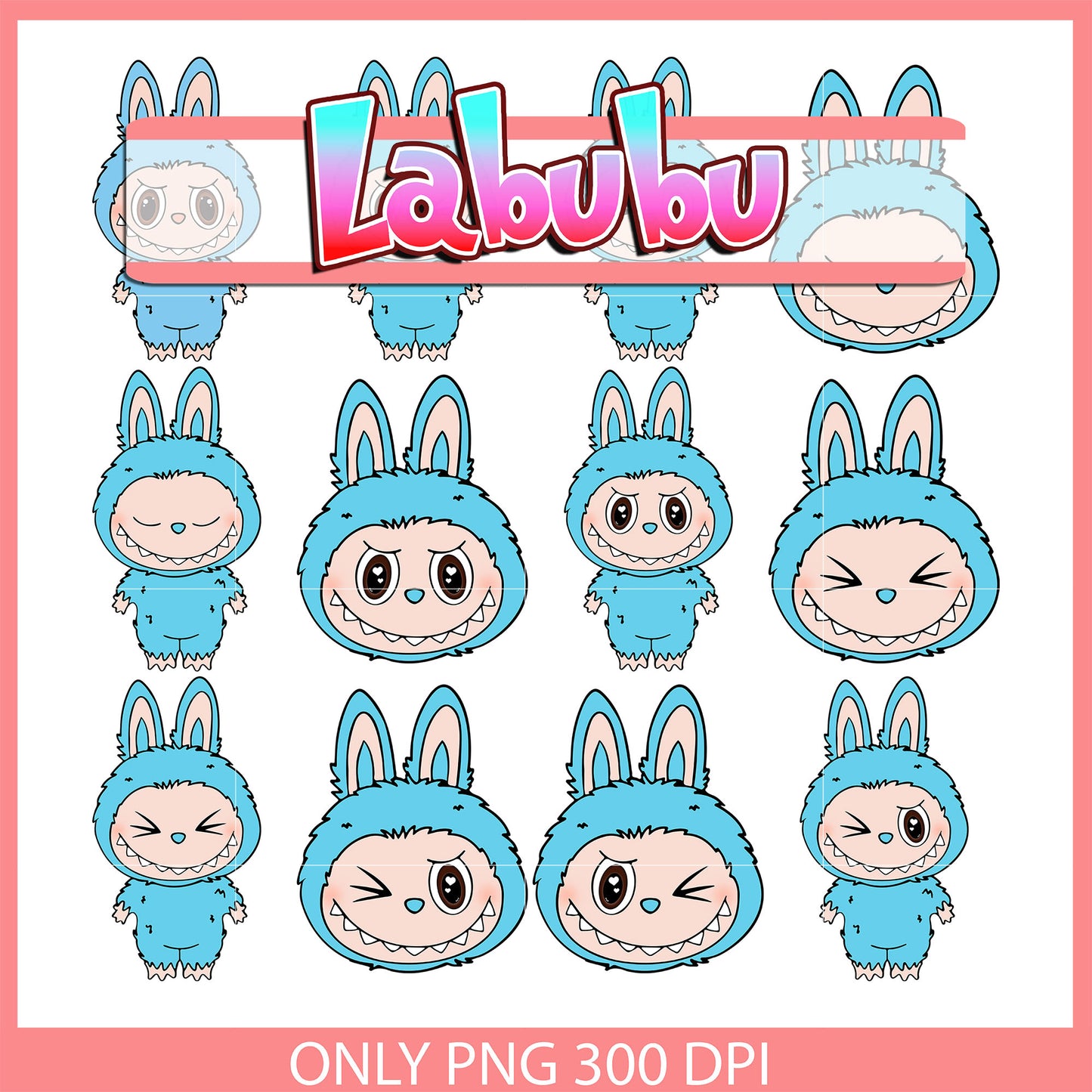 Pastel blue labubu expression clipart bundle png, doll labubu png