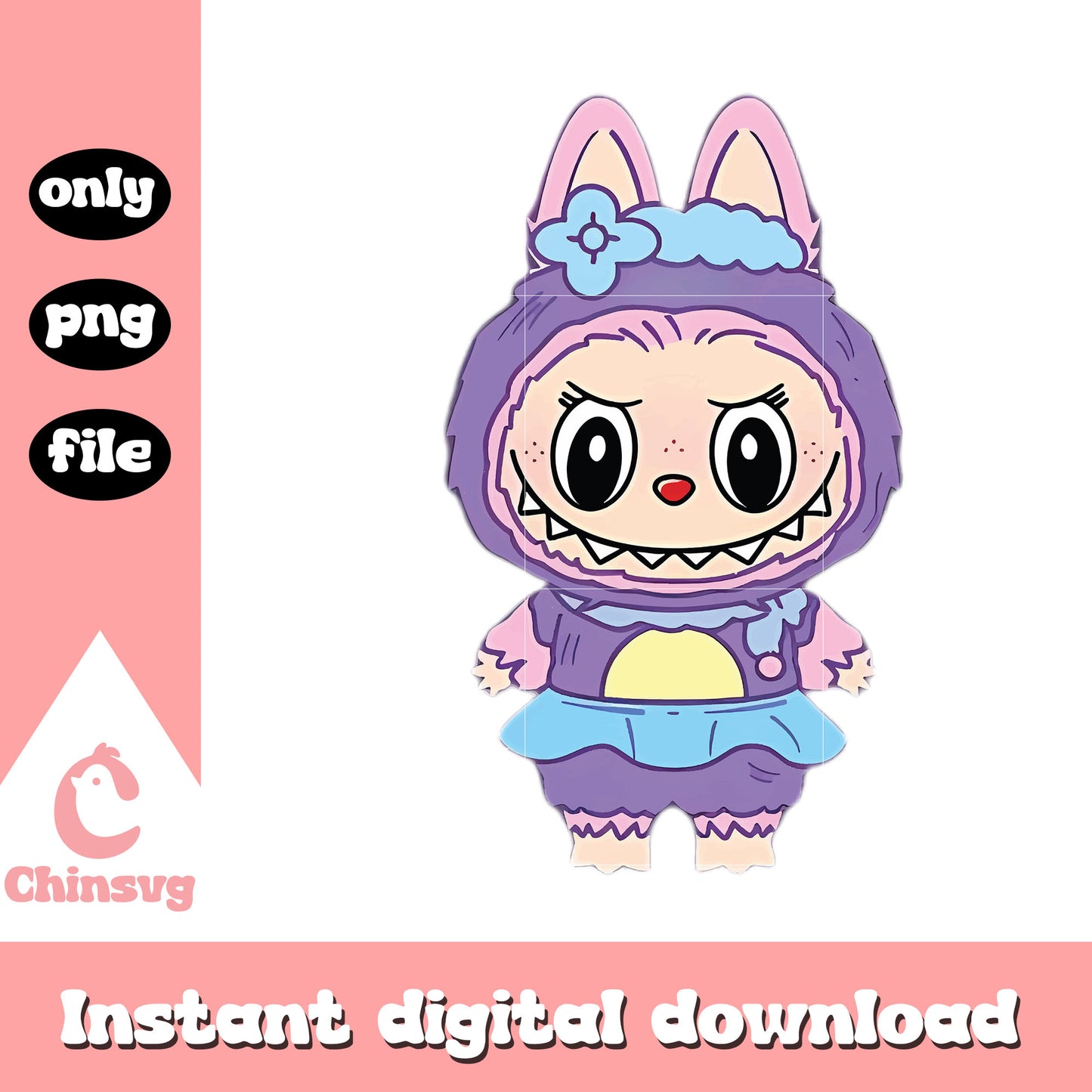 Pastel outfit labubu cute doll design png, baby labubu png