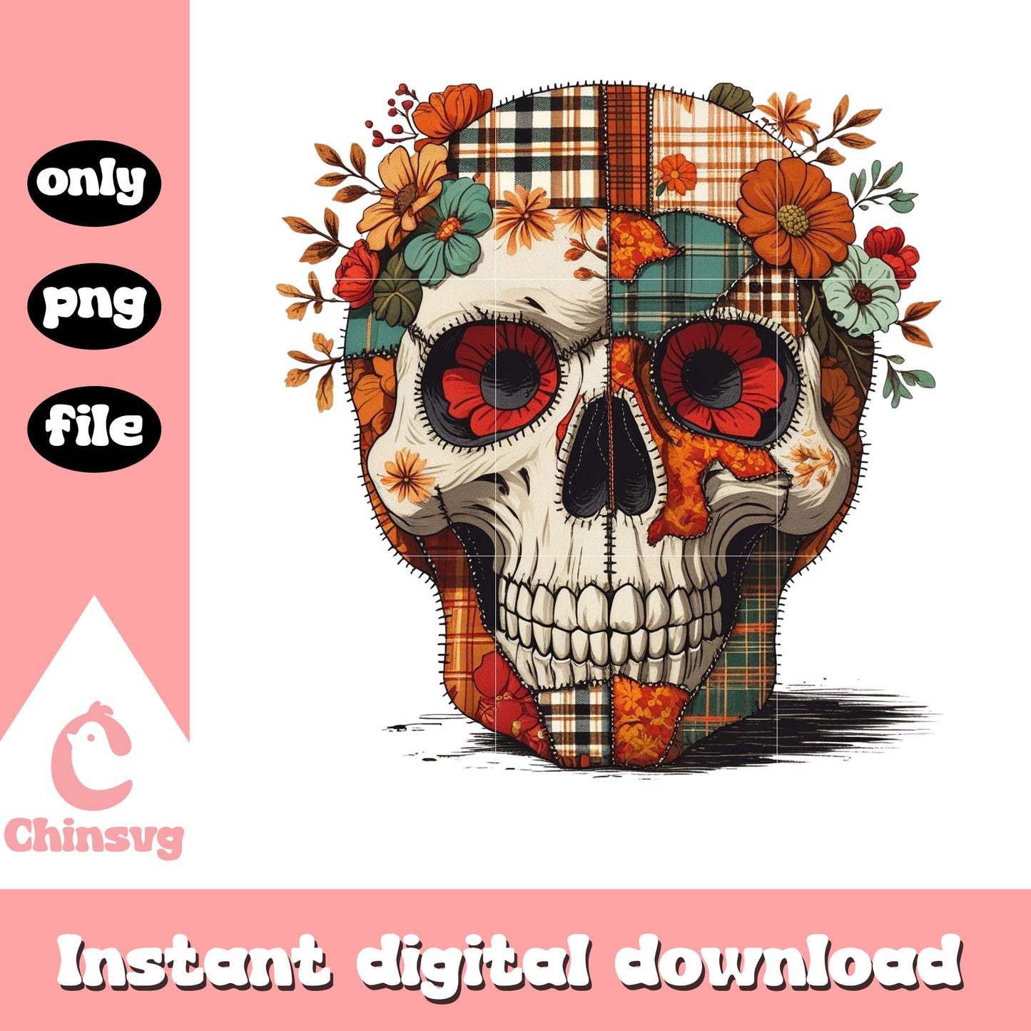 Patch work floral skull designpng, halloween decor png