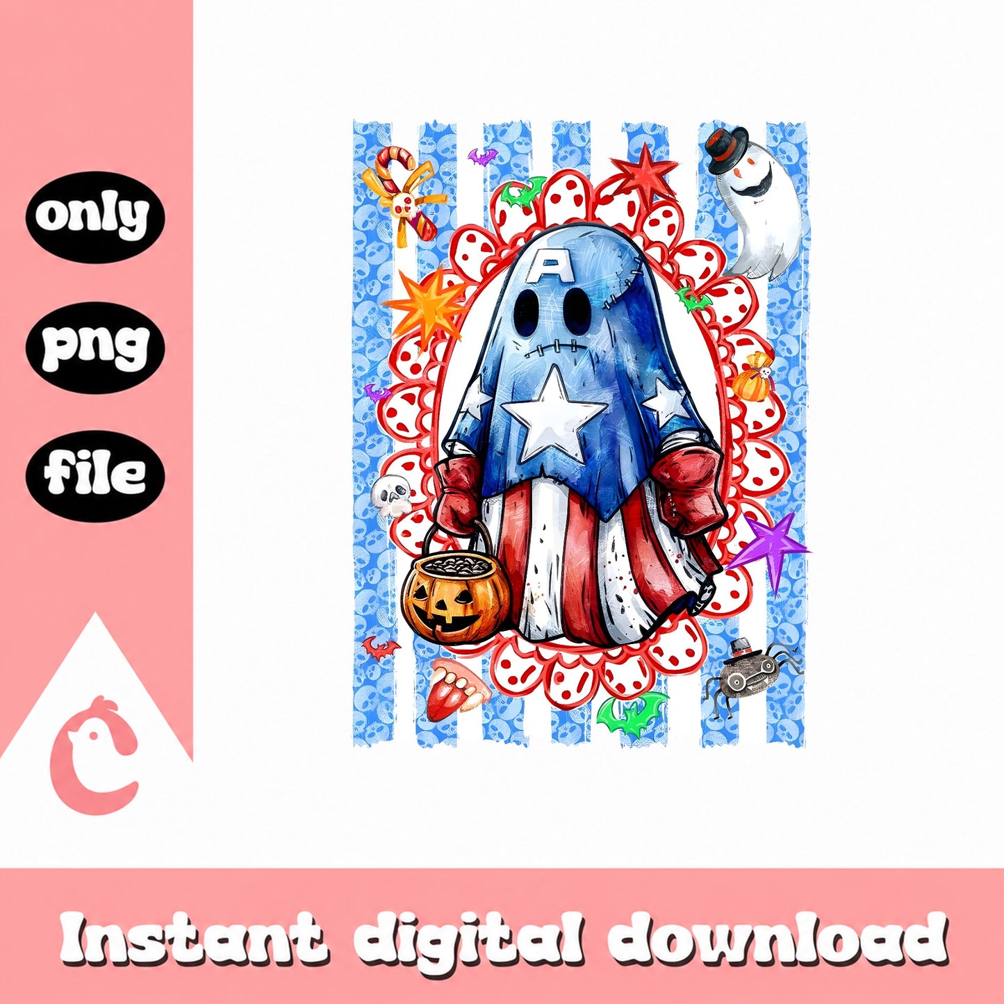 Patriotic Ghost Halloween Bundle, 4th Of July Clipart, PNG